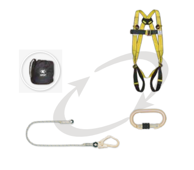 HARNESS WITH 2 ATTACHMENT POINTS, 1 LANYARD, 1 STEEL CARABINER WITH SCREW LOCK + SCAFFOLDING CARABINER + BAG